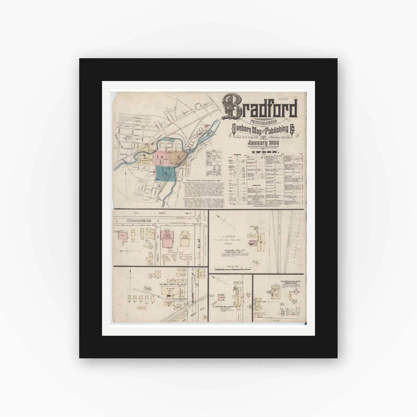 Old map wall art mockup — black gallery frame with white mat — Sanborn Fire Insurance Map from Bradford, McKean County, Pennsylvania (1886) - Complete Map Set
