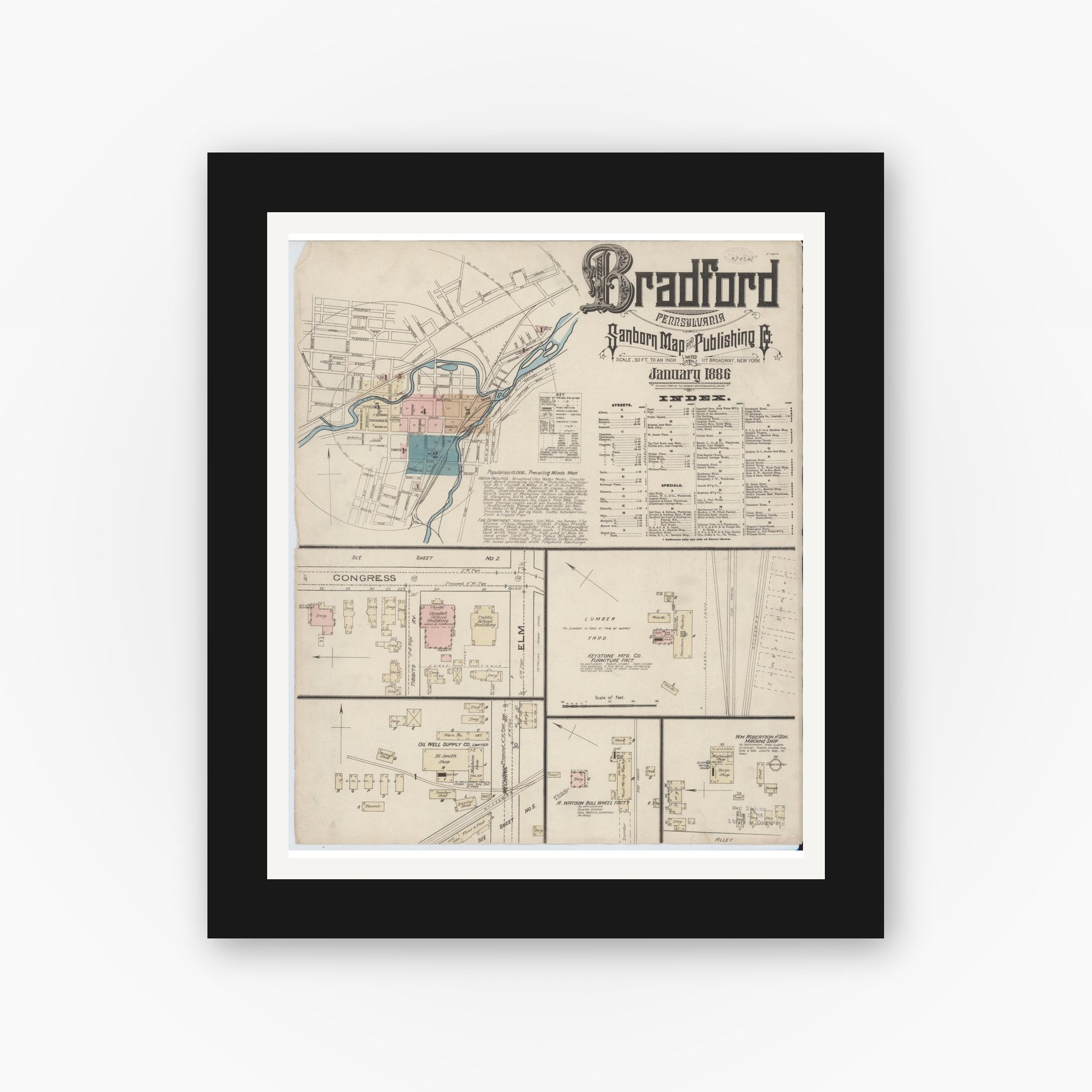 Old map wall art mockup — black gallery frame with white mat — Sanborn Fire Insurance Map from Bradford, McKean County, Pennsylvania (1886) - Complete Map Set