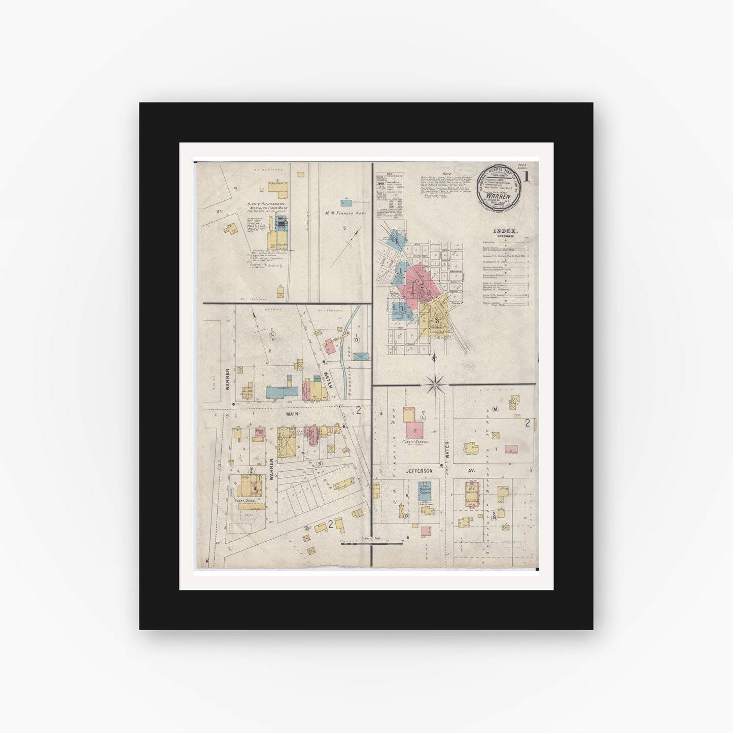 Old map wall art mockup — black gallery frame with white mat — Sanborn Fire Insurance Map from Warren, Jo Daviess County, Illinois (1898), Sheet #0001