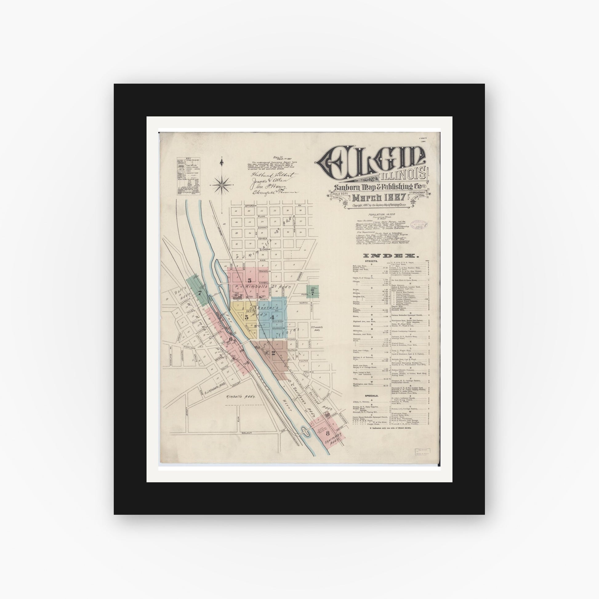Old map wall art mockup — black gallery frame with white mat — Sanborn Fire Insurance Map from Elgin, Kane County, Illinois (1887), Sheet #0001