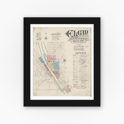 Old map wall art mockup — black gallery frame with white mat — Sanborn Fire Insurance Map from Elgin, Kane County, Illinois (1887), Sheet #0001