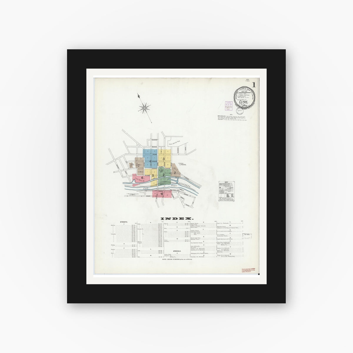 Old map wall art mockup — black gallery frame with white mat — Sanborn Fire Insurance Map from Clyde, Wayne County, New York (1901), Sheet #0001