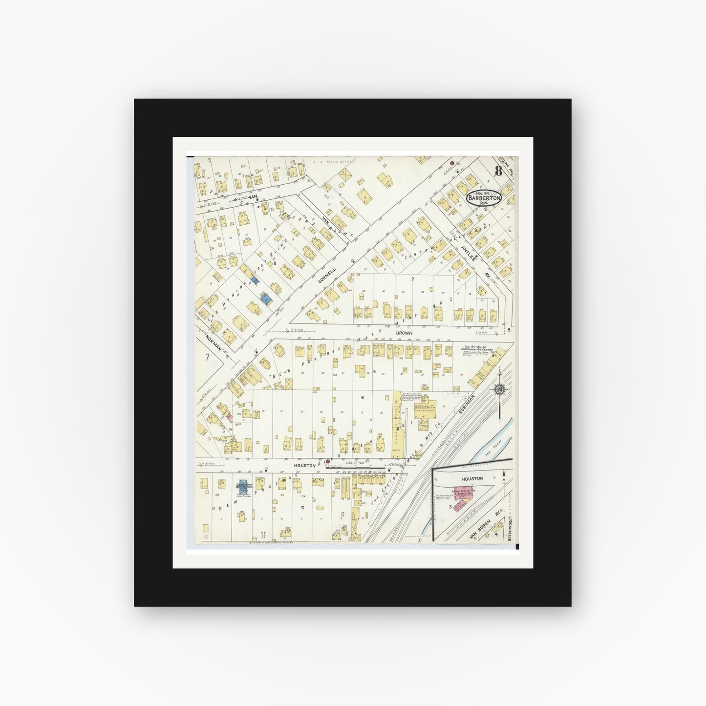 Old map wall art mockup — black gallery frame with white mat — Sanborn Fire Insurance Map from Barberton, Summit County, Ohio (1916), Sheet #0008