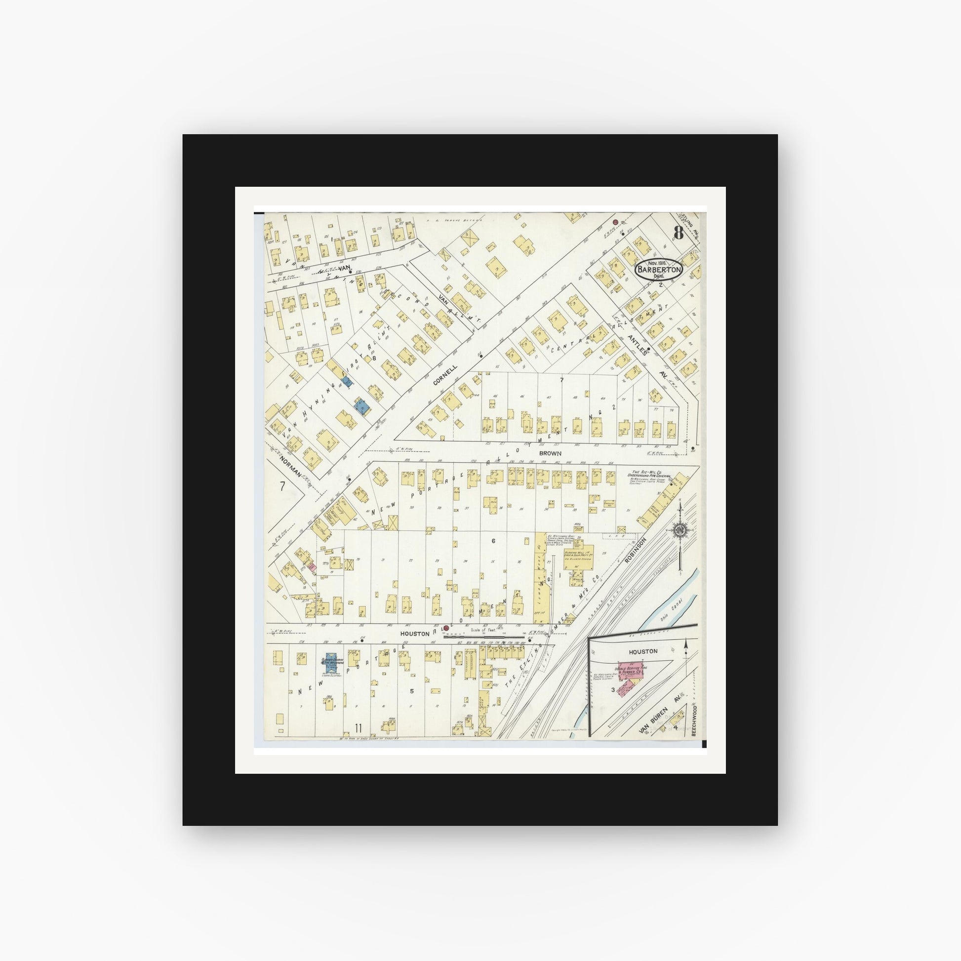 Old map wall art mockup — black gallery frame with white mat — Sanborn Fire Insurance Map from Barberton, Summit County, Ohio (1916), Sheet #0008