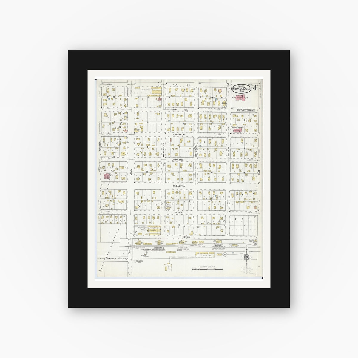 Old map wall art mockup — black gallery frame with white mat — Sanborn Fire Insurance Map from Redwood Falls, Redwood County, Minnesota (1915), Sheet #0004