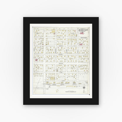 Old map wall art mockup — black gallery frame with white mat — Sanborn Fire Insurance Map from Redwood Falls, Redwood County, Minnesota (1915), Sheet #0004