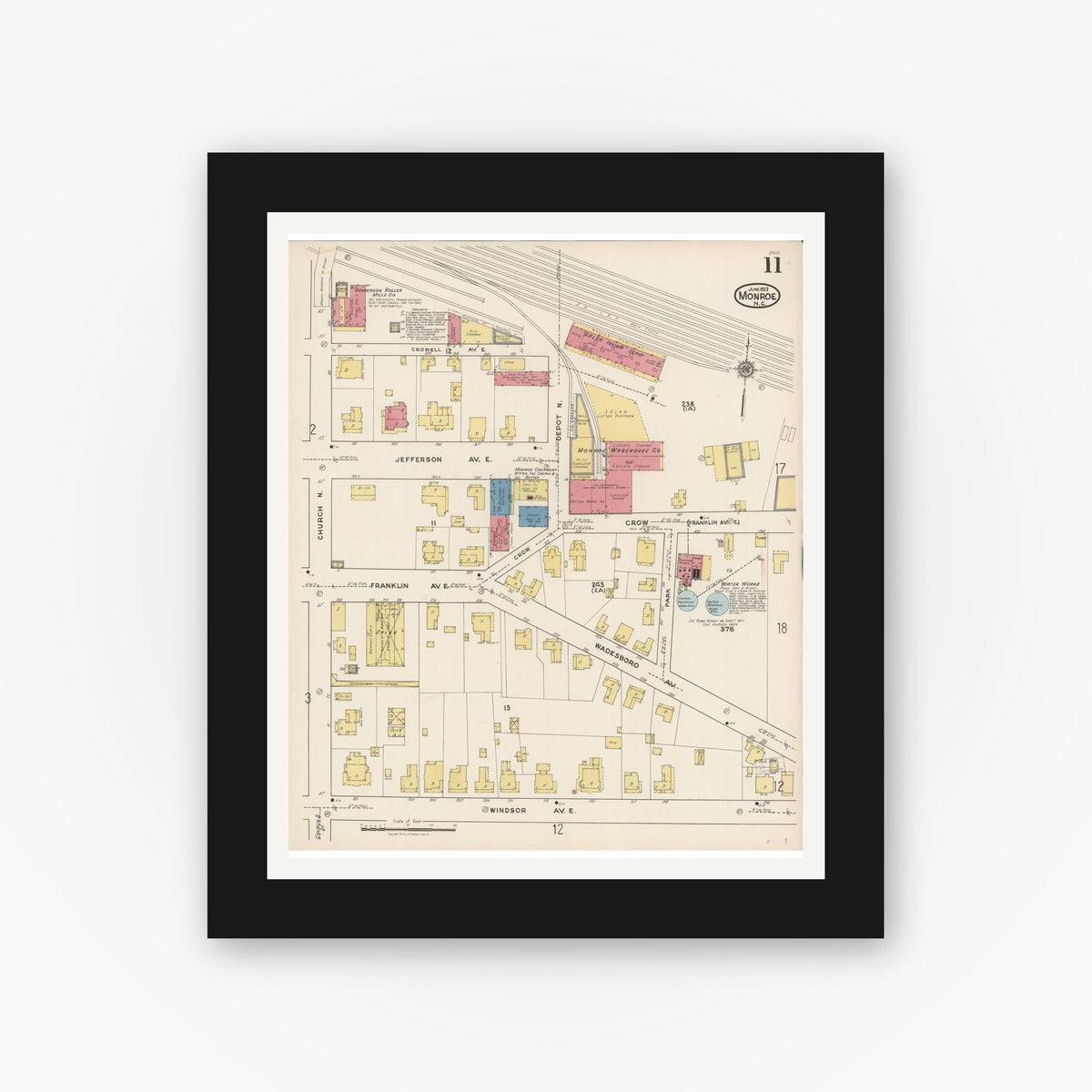 Old map wall art mockup — black gallery frame with white mat — Sanborn Fire Insurance Map from Monroe, Union County, North Carolina (1922), Sheet #0011