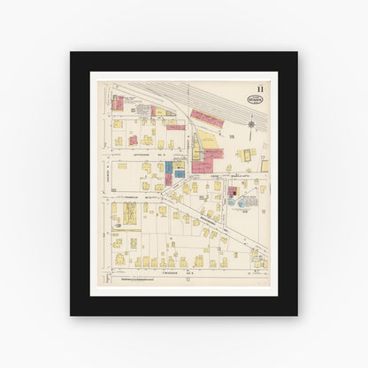 Old map wall art mockup — black gallery frame with white mat — Sanborn Fire Insurance Map from Monroe, Union County, North Carolina (1922), Sheet #0011