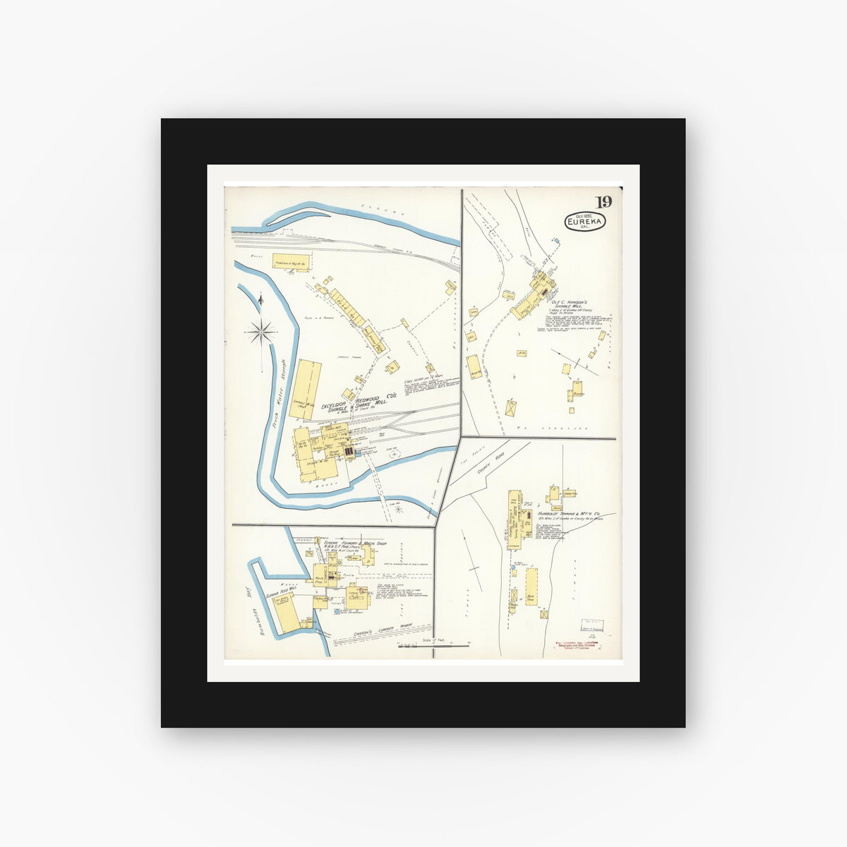 Old map wall art mockup — black gallery frame with white mat — Sanborn Fire Insurance Map from Eureka, Humboldt County, California (1892), Sheet #0019