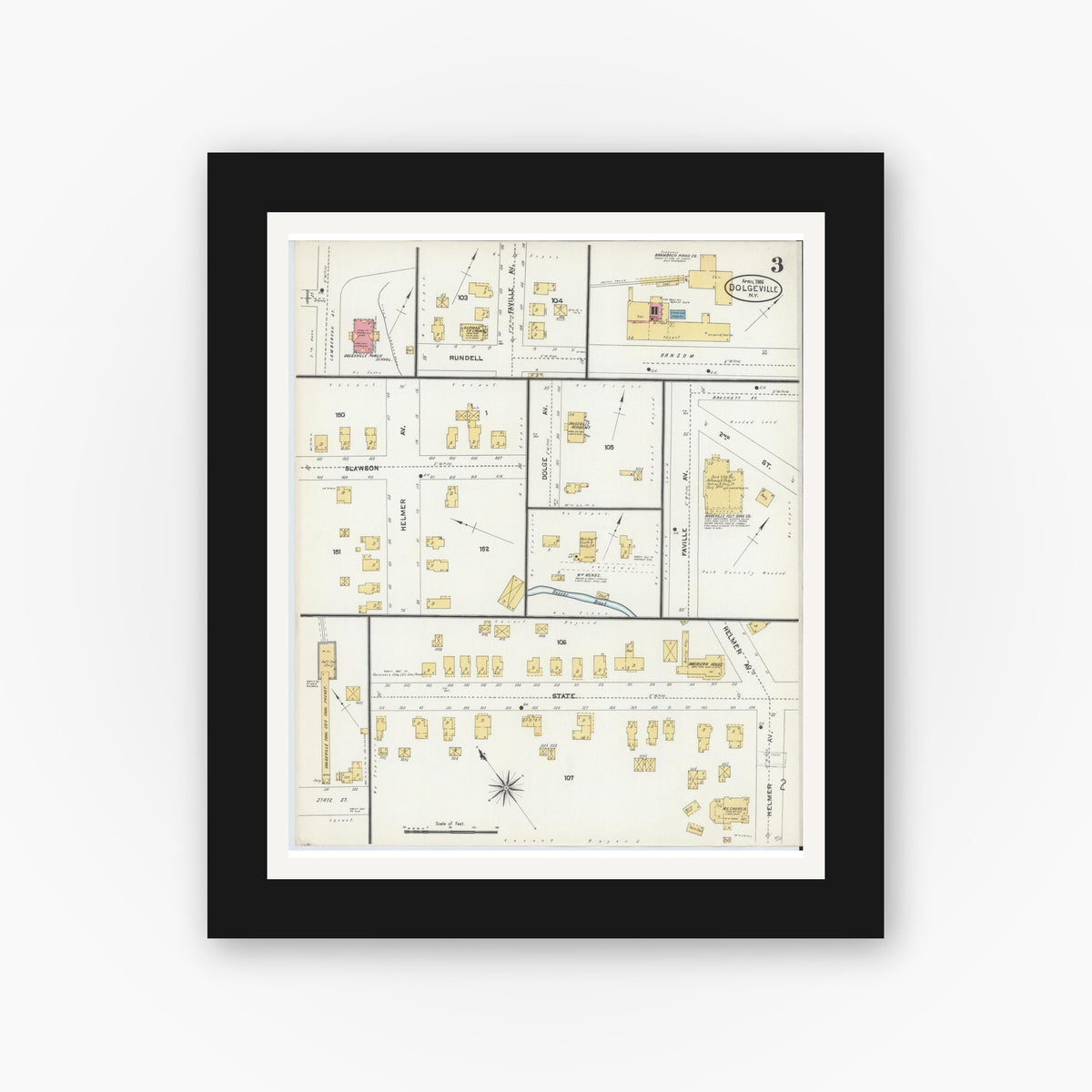 Old map wall art mockup — black gallery frame with white mat — Sanborn Fire Insurance Map from Dolgeville, Hirkimer County, New York (1906), Sheet #0003