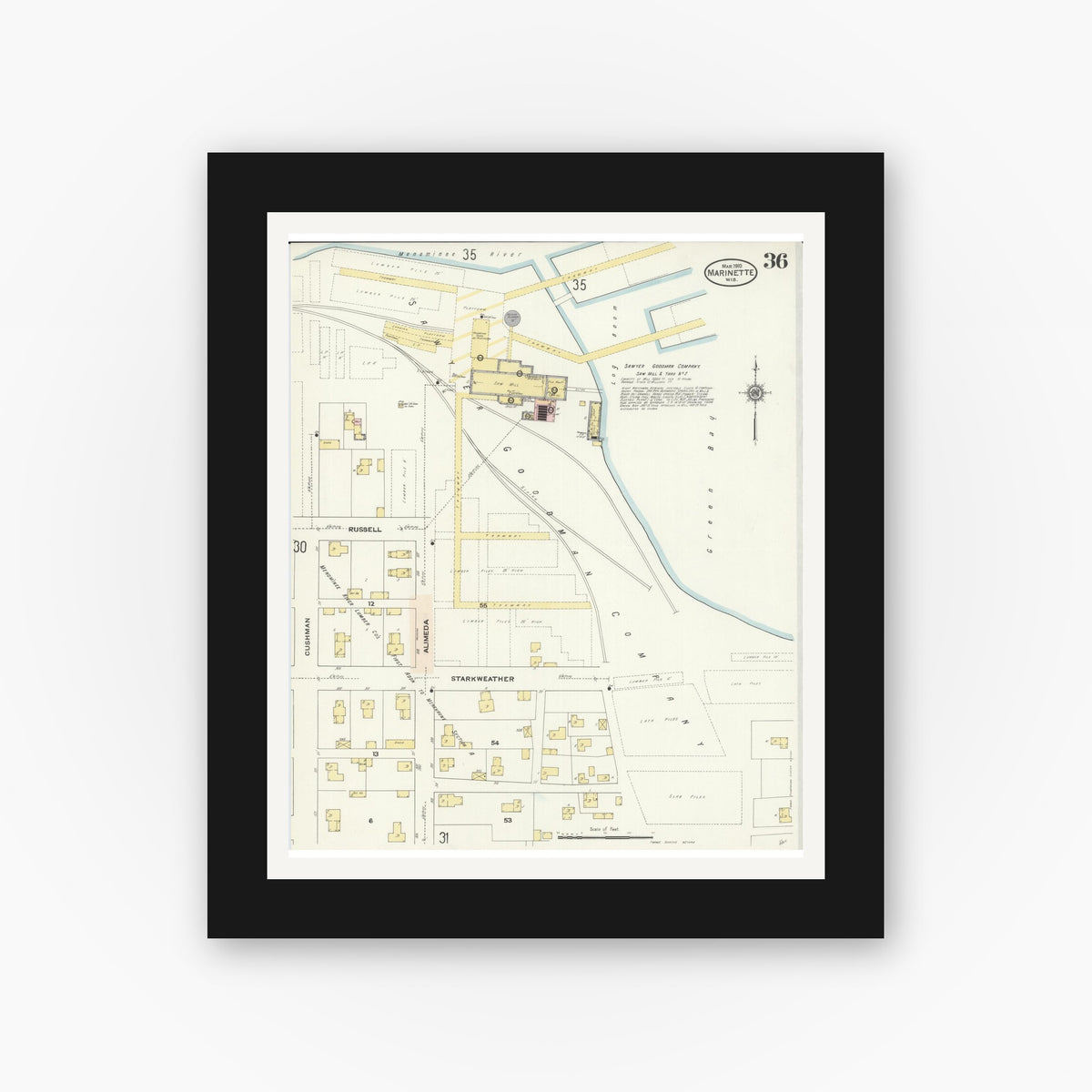 Old map wall art mockup — black gallery frame with white mat — Sanborn Fire Insurance Map from Marinette, Marinette County, Wisconsin (1910), Sheet #0036