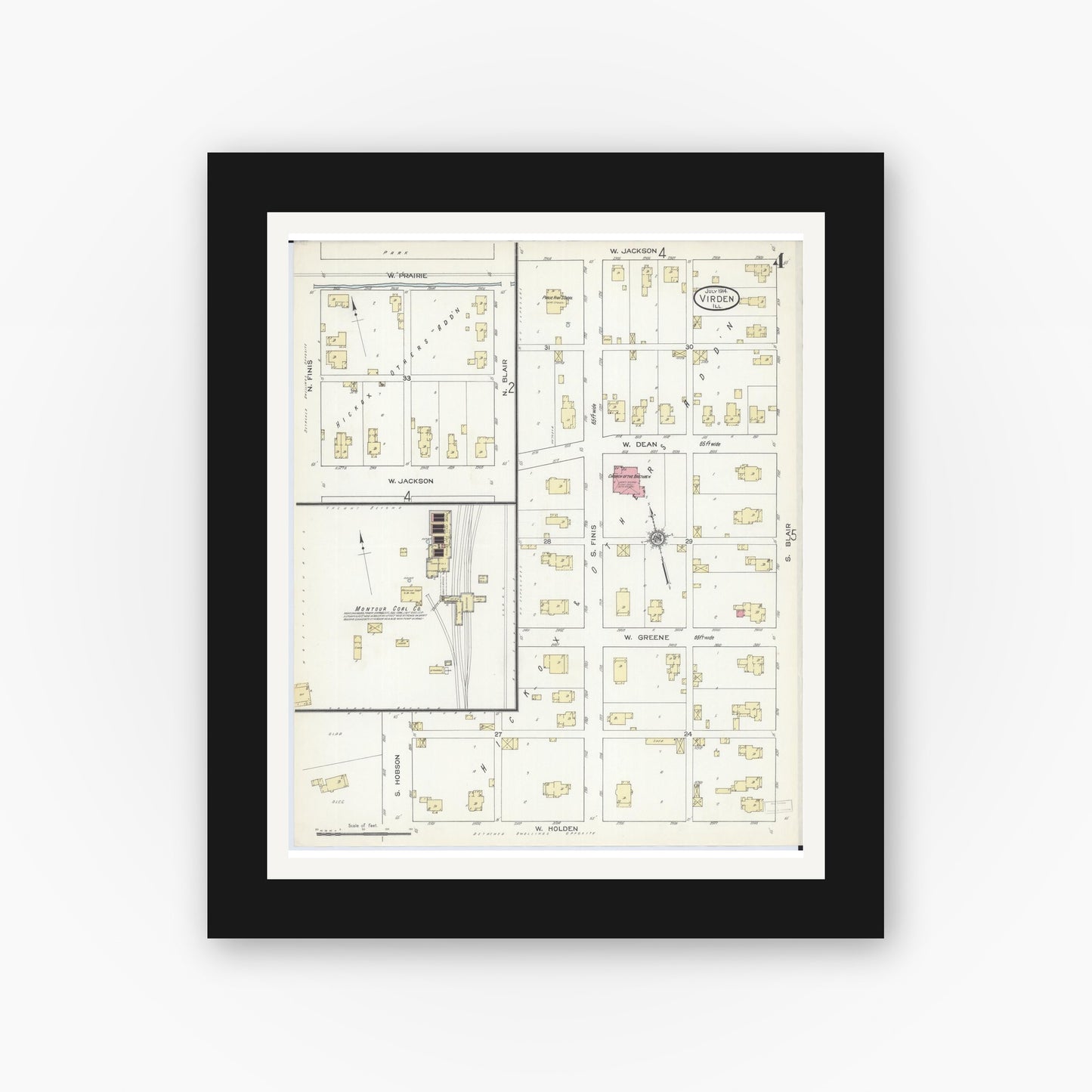 Old map wall art mockup — black gallery frame with white mat — Sanborn Fire Insurance Map from Virden, Macoupin County, Illinois (1914), Sheet #0004