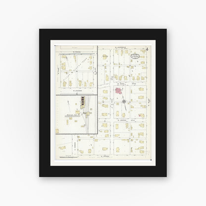 Old map wall art mockup — black gallery frame with white mat — Sanborn Fire Insurance Map from Virden, Macoupin County, Illinois (1914), Sheet #0004
