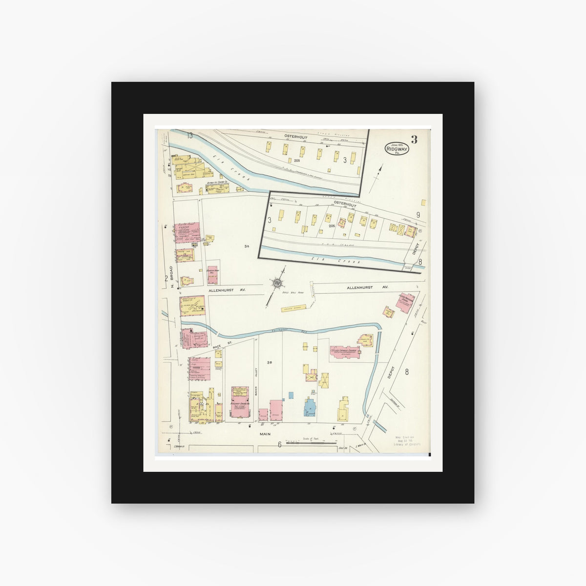 Old map wall art mockup — black gallery frame with white mat — Sanborn Fire Insurance Map from Ridgway, Elk County, Pennsylvania (1915), Sheet #0003