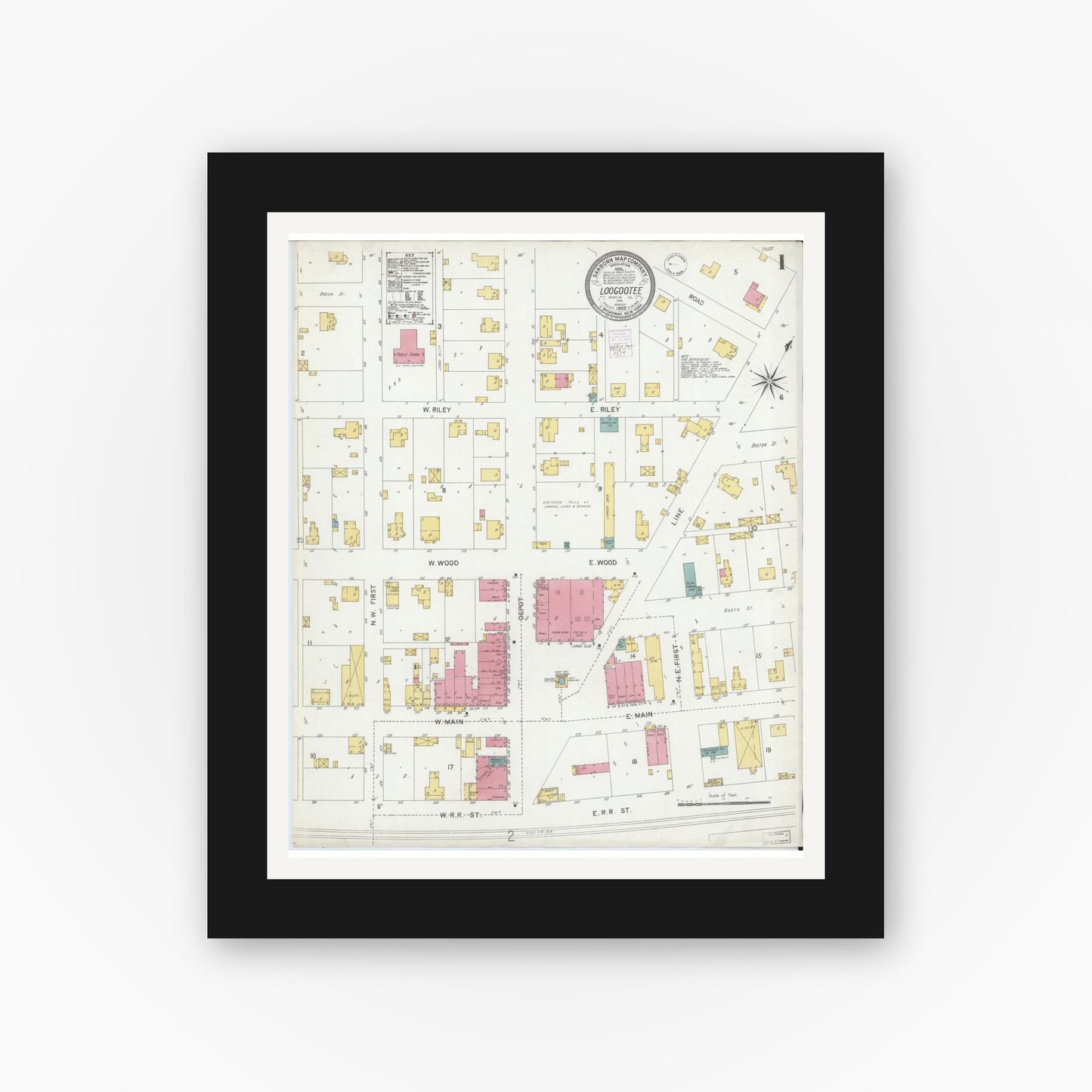 Old map wall art mockup — black gallery frame with white mat — Sanborn Fire Insurance Map from Loogootee, Martin County, Indiana (1902), Sheet #0001