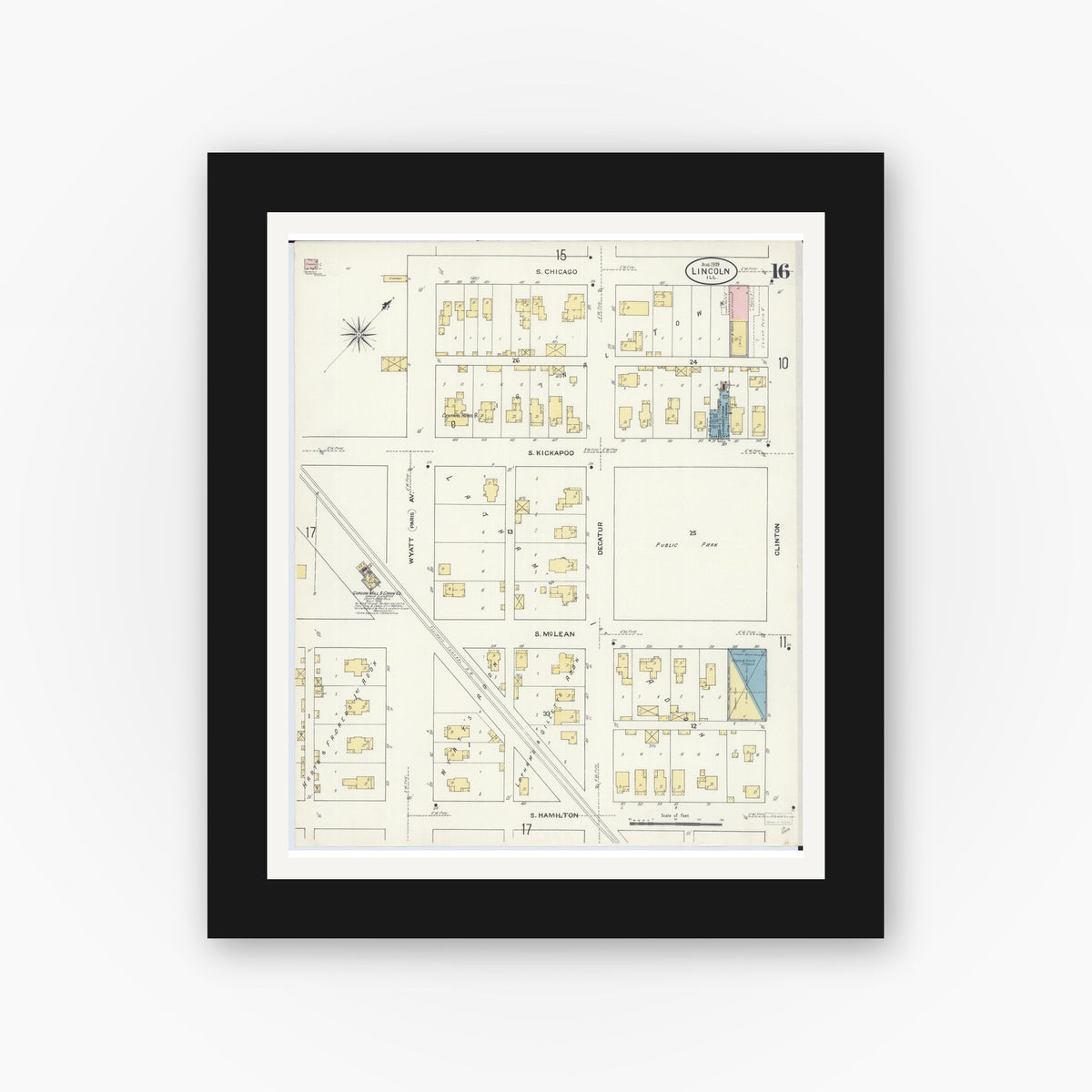 Old map wall art mockup — black gallery frame with white mat — Sanborn Fire Insurance Map from Lincoln, Logan County, Illinois (1909), Sheet #0016