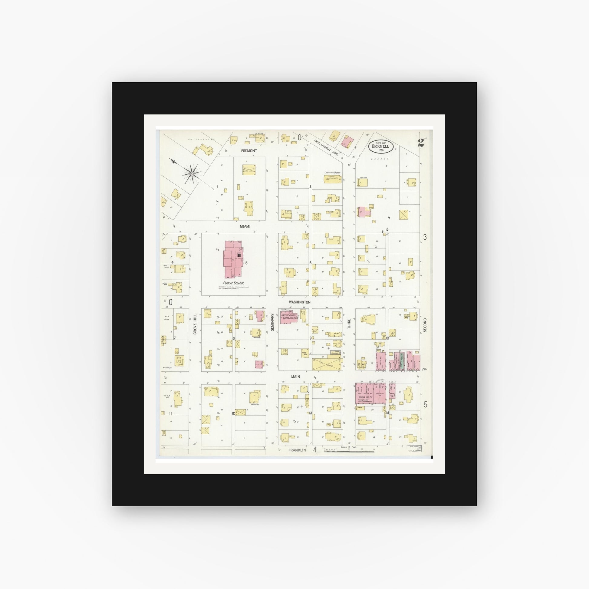 Old map wall art mockup — black gallery frame with white mat — Sanborn Fire Insurance Map from Bicknell, Knox County, Indiana (1907), Sheet #0002