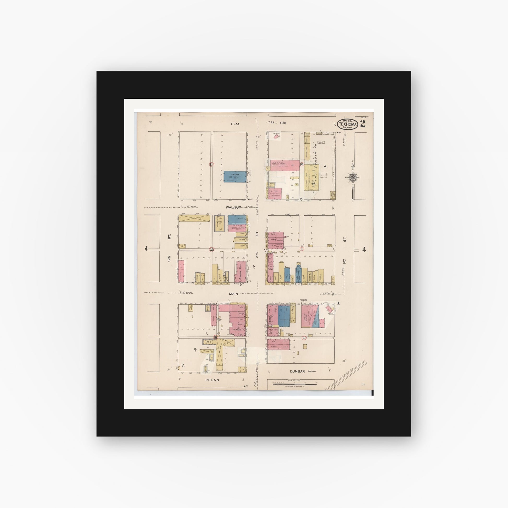 Old map wall art mockup — black gallery frame with white mat — Sanborn Fire Insurance Map from Texhoma, Texas County, Oklahoma and Sherman County, Texas, Texas (1930), Sheet #0002