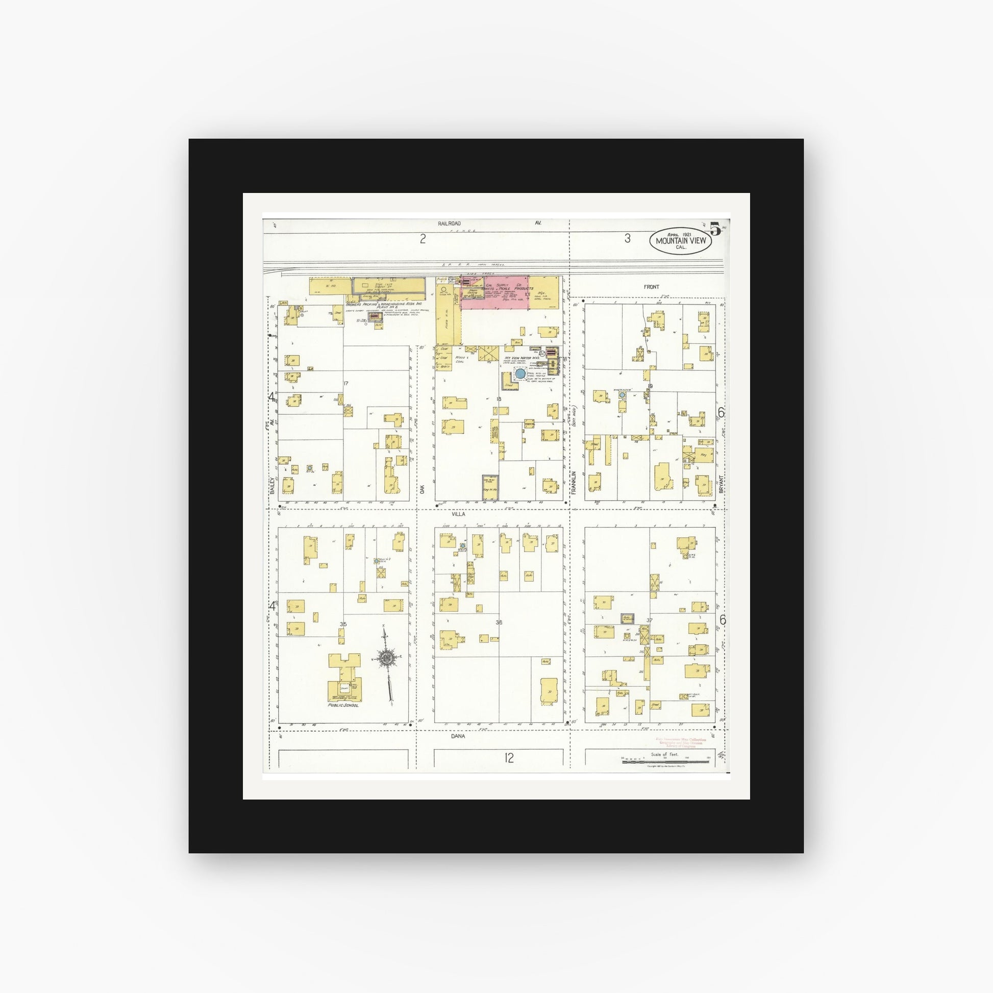 Old map wall art mockup — black gallery frame with white mat — Sanborn Fire Insurance Map from Mountain View, Santa Clara County, California (1921), Sheet #0005