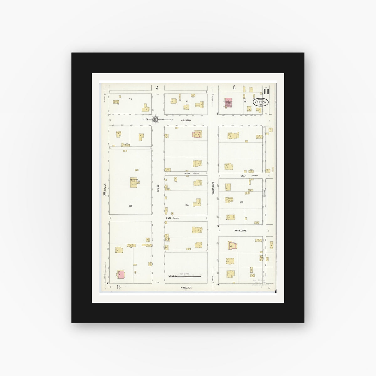 Old map wall art mockup — black gallery frame with white mat — Sanborn Fire Insurance Map from Vernon, Wilbarger County, Texas (1912), Sheet #0011
