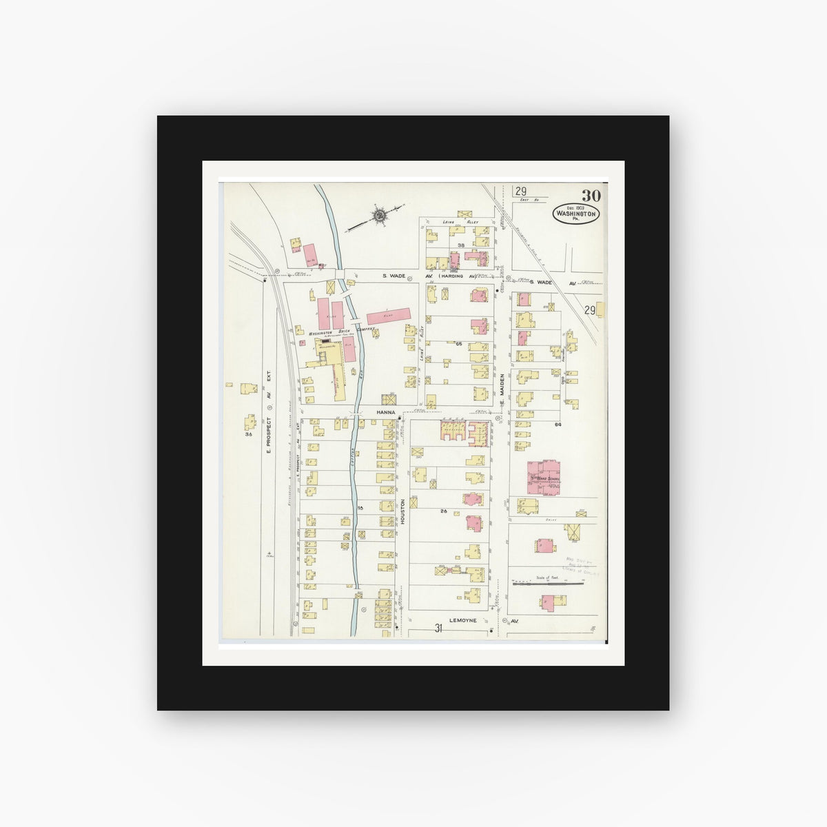 Old map wall art mockup — black gallery frame with white mat — Sanborn Fire Insurance Map from Washington, Washington County, Pennsylvania (1909), Sheet #0030