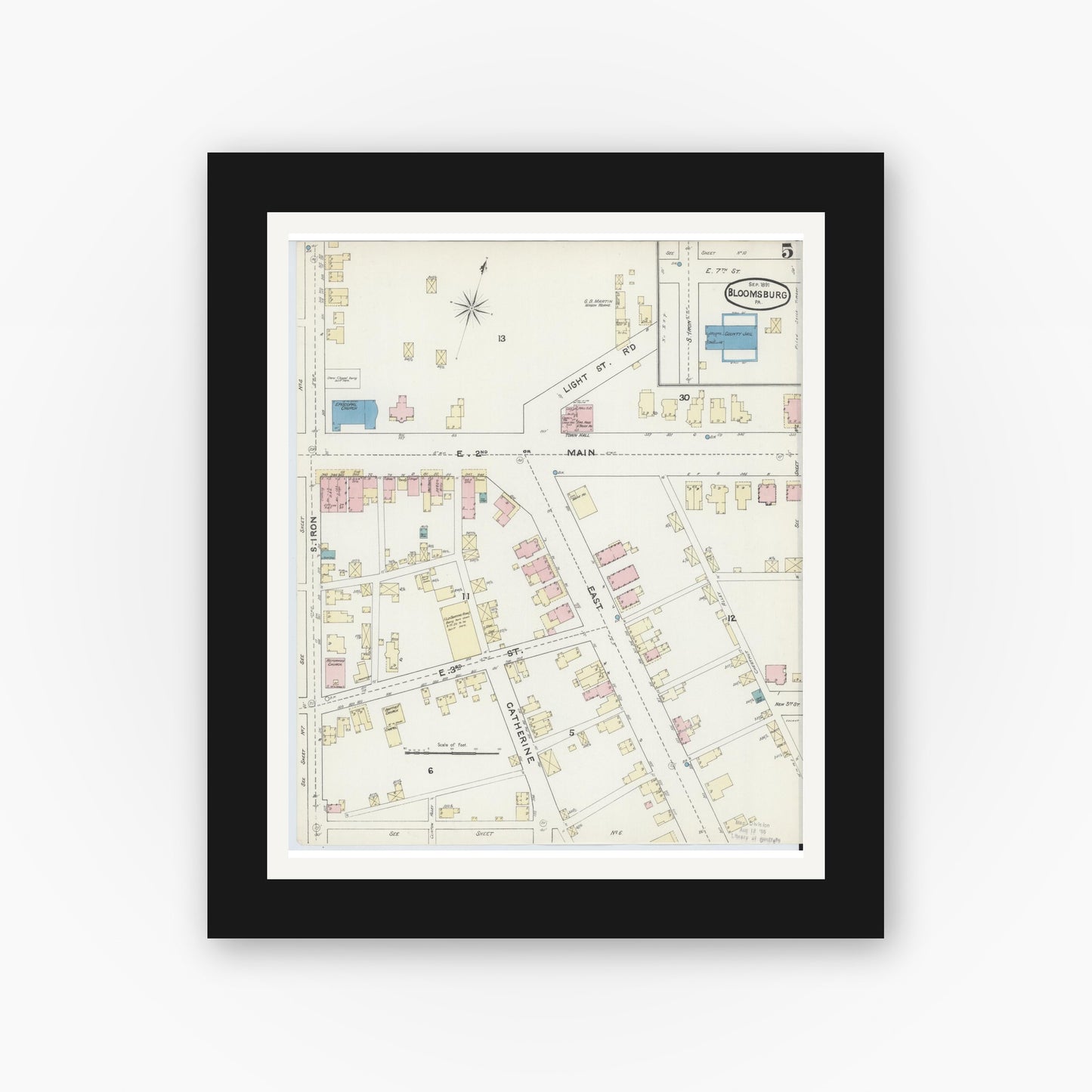 Old map wall art mockup — black gallery frame with white mat — Sanborn Fire Insurance Map from Bloomsburg, Columbia County, Pennsylvania (1891), Sheet #0005