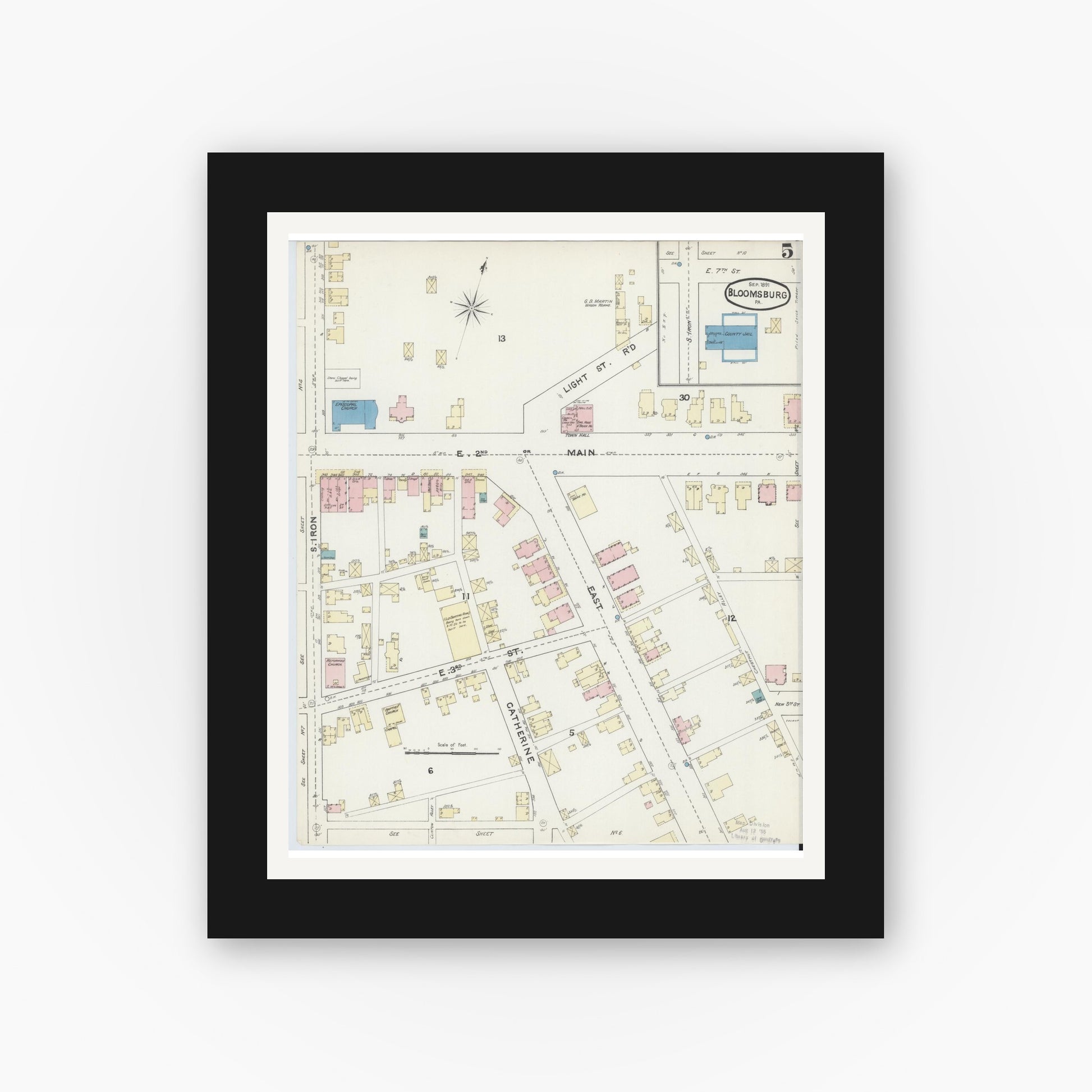 Old map wall art mockup — black gallery frame with white mat — Sanborn Fire Insurance Map from Bloomsburg, Columbia County, Pennsylvania (1891), Sheet #0005