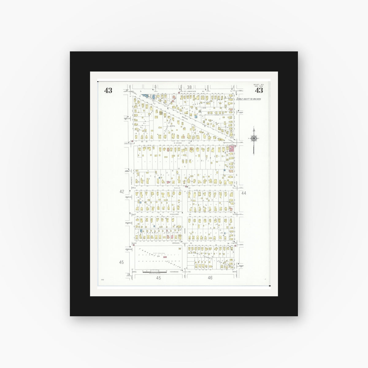 Old map wall art mockup — black gallery frame with white mat — Sanborn Fire Insurance Map from Beloit, Rock County, Wisconsin (1939), Sheet #0043