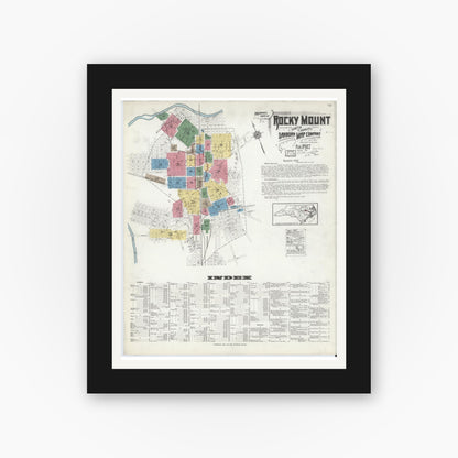 Old map wall art mockup — black gallery frame with white mat — Sanborn Fire Insurance Map from Rocky Mount, Edgecombe And Nash Counties, North Carolina (1917), Sheet #0001