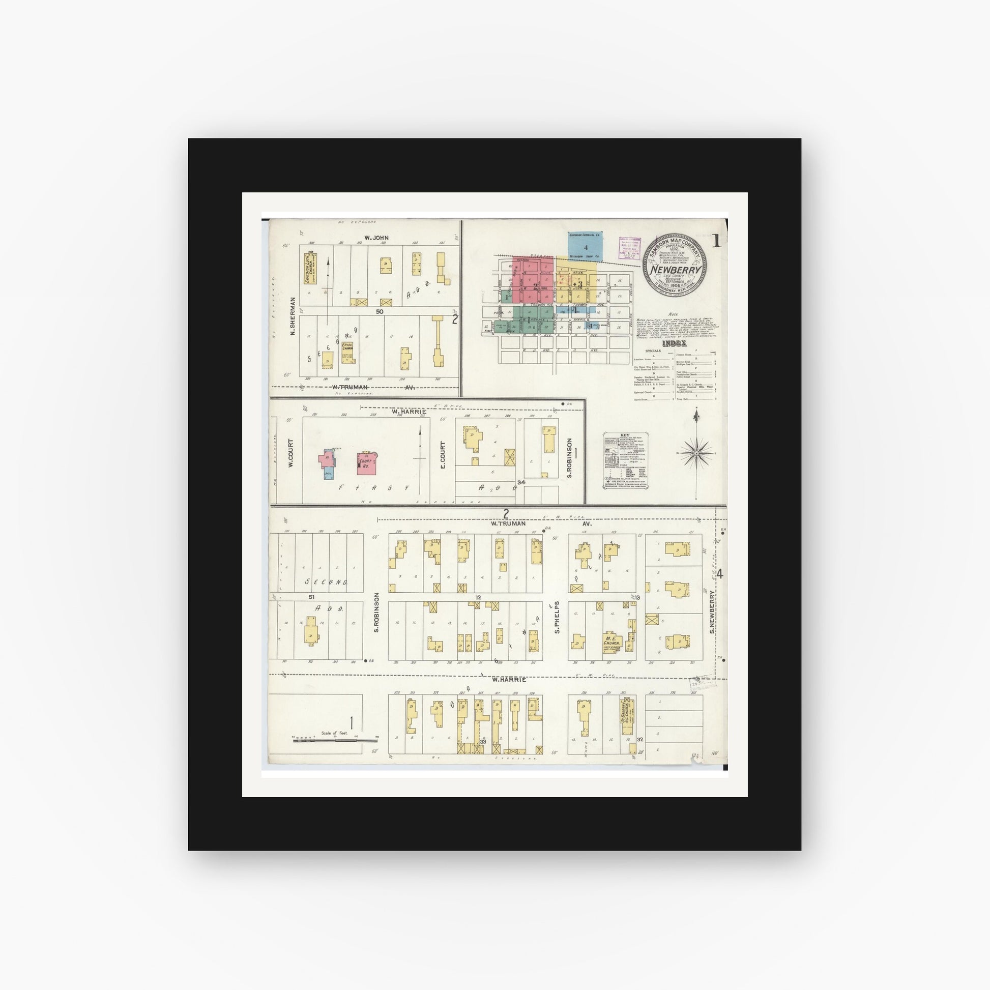 Old map wall art mockup — black gallery frame with white mat — Sanborn Fire Insurance Map from Newberry, Luce County, Michigan (1906) - Complete Map Set