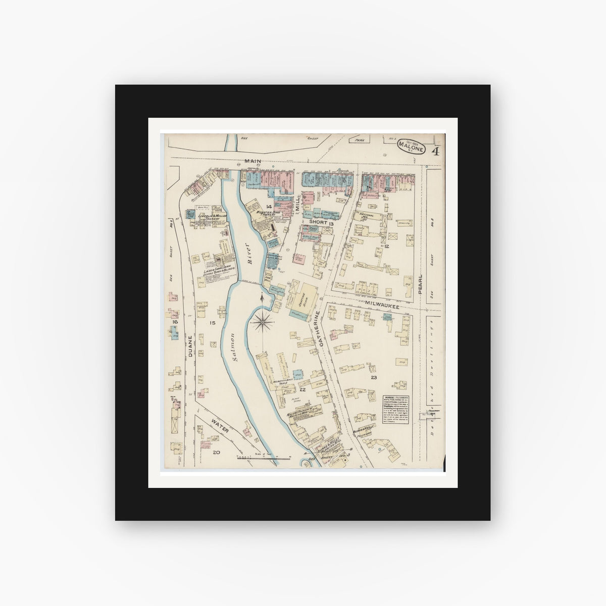 Old map wall art mockup — black gallery frame with white mat — Sanborn Fire Insurance Map from Malone, Franklin County, New York (1884), Sheet #0004