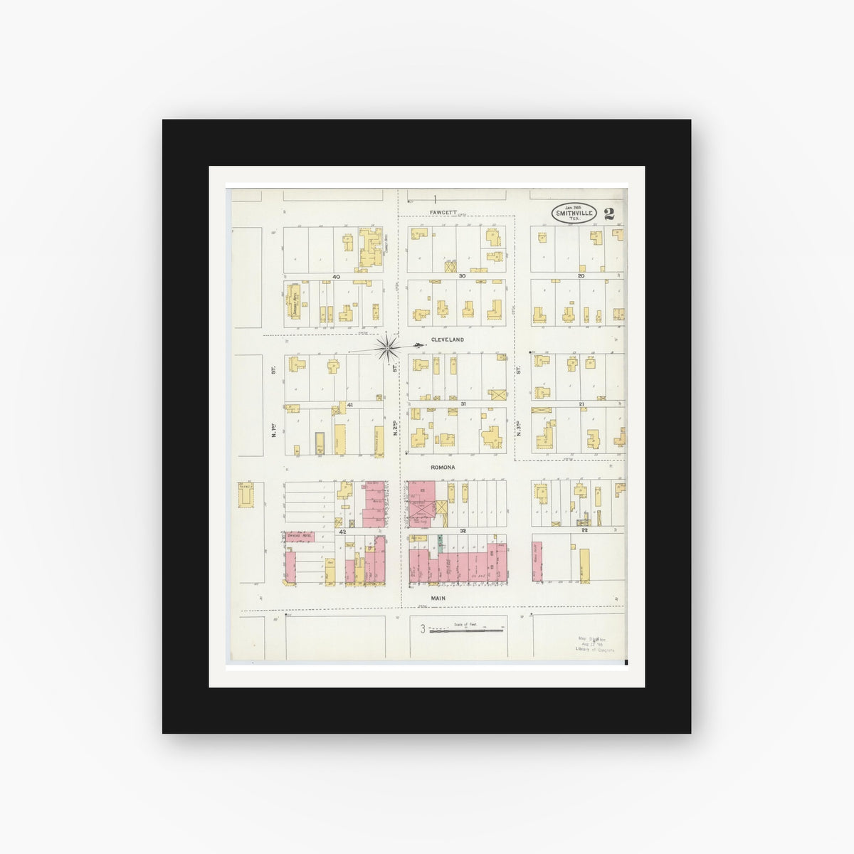 Old map wall art mockup — black gallery frame with white mat — Sanborn Fire Insurance Map from Smithville, Bastrop County, Texas (1905), Sheet #0002