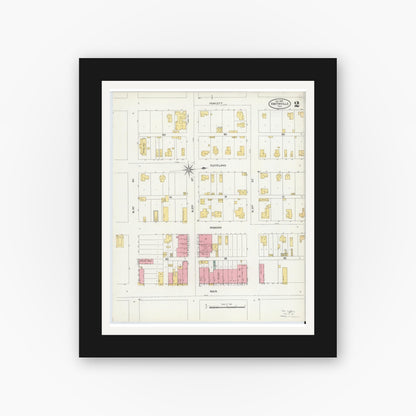 Old map wall art mockup — black gallery frame with white mat — Sanborn Fire Insurance Map from Smithville, Bastrop County, Texas (1905), Sheet #0002