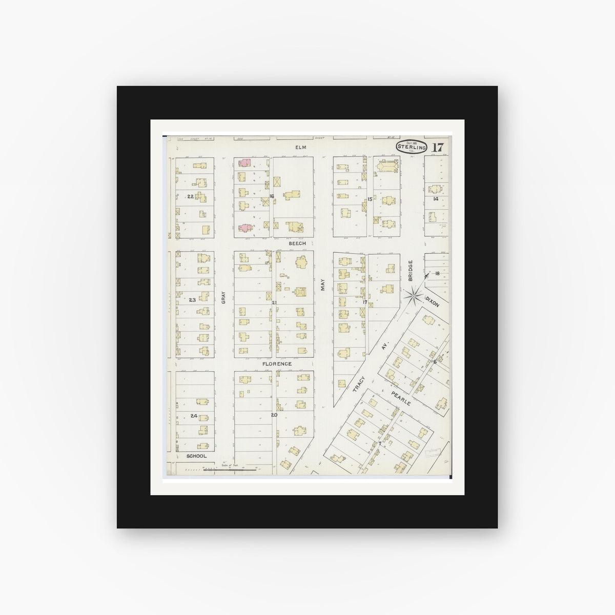 Old map wall art mockup — black gallery frame with white mat — Sanborn Fire Insurance Map from Sterling, Whiteside County, Illinois (1891), Sheet #0017