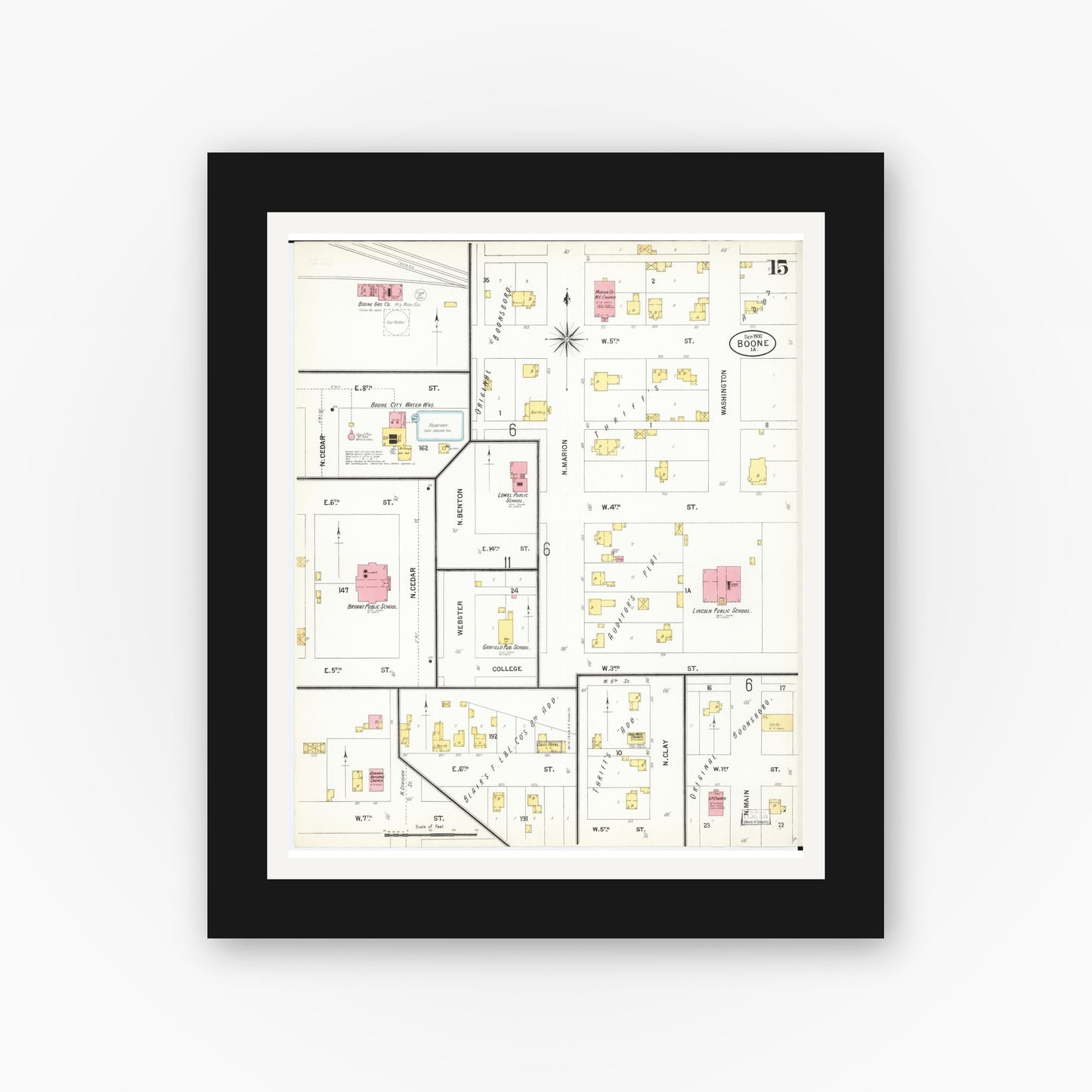 Old map wall art mockup — black gallery frame with white mat — Sanborn Fire Insurance Map from Boone, Boone County, Iowa (1900), Sheet #0015