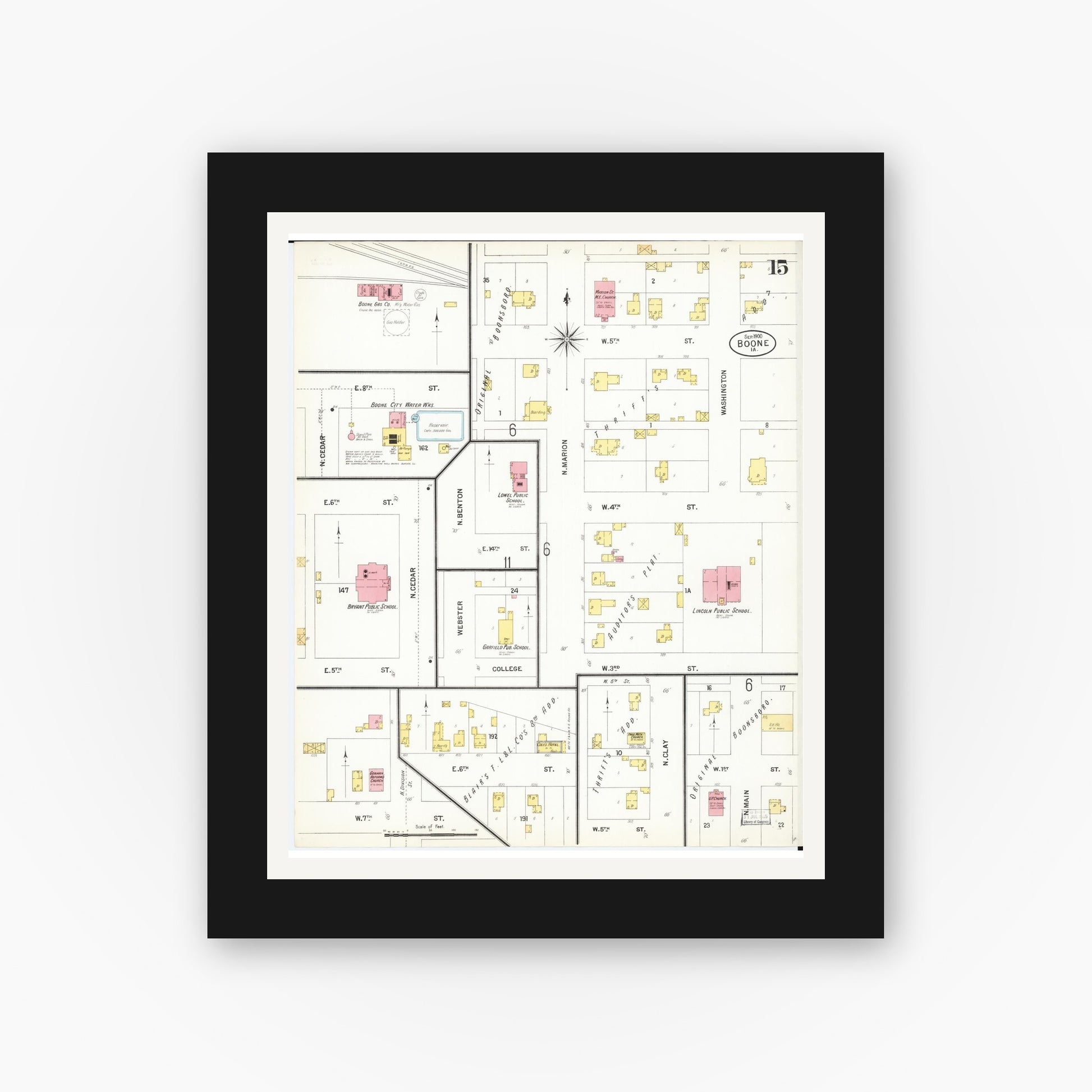 Old map wall art mockup — black gallery frame with white mat — Sanborn Fire Insurance Map from Boone, Boone County, Iowa (1900), Sheet #0015