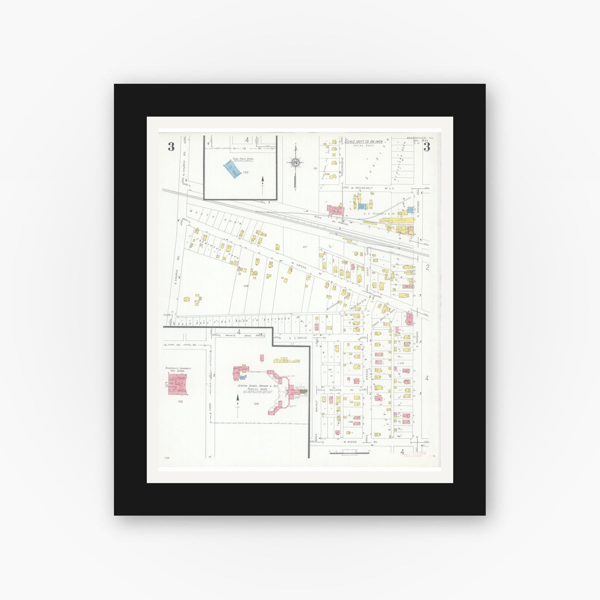 Old map wall art mockup — black gallery frame with white mat — Sanborn Fire Insurance Map from Bensenville, Dupage County, Illinois (1933), Sheet #0003
