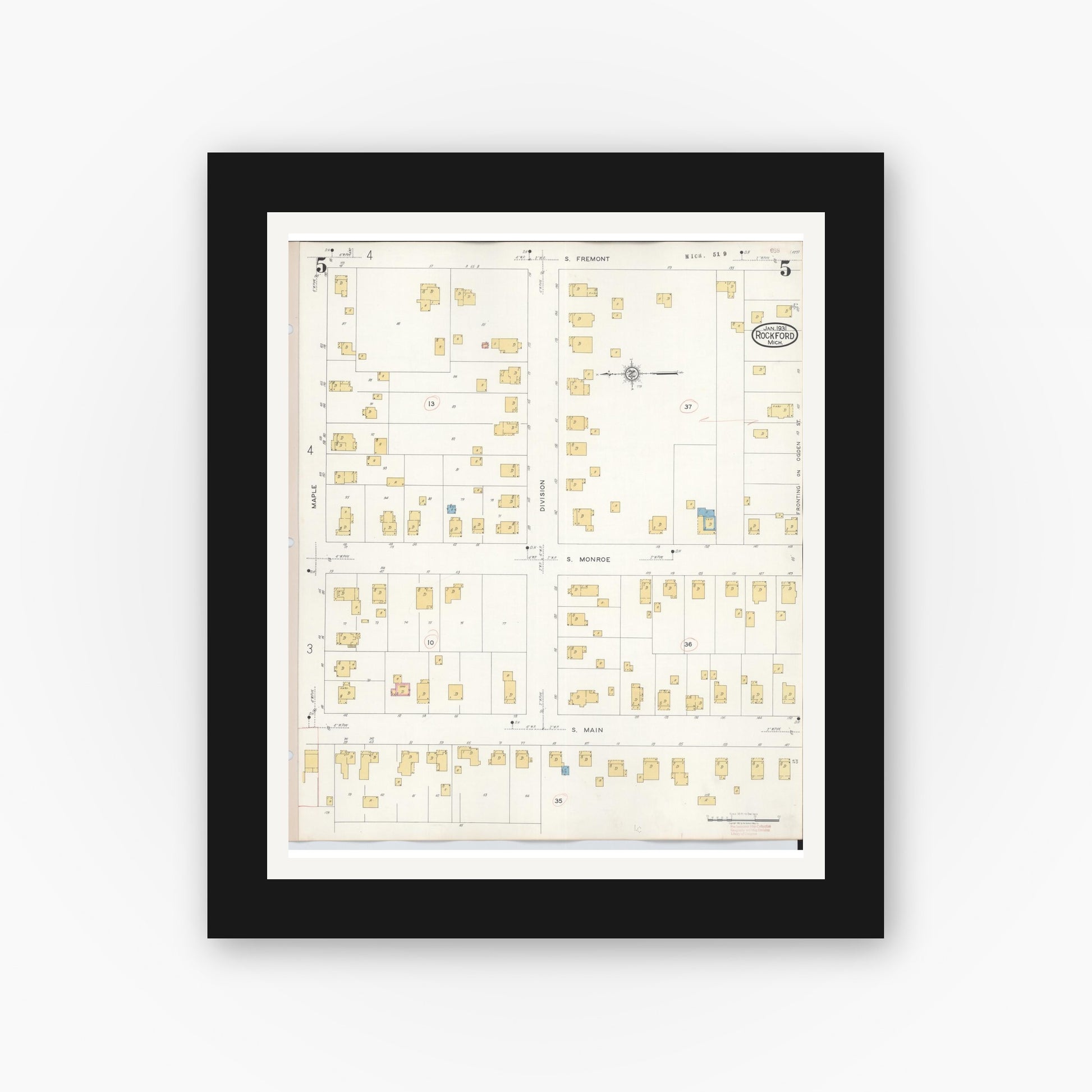 Old map wall art mockup — black gallery frame with white mat — Sanborn Fire Insurance Map from Rockford, Kent County, Michigan (1931), Sheet #0005