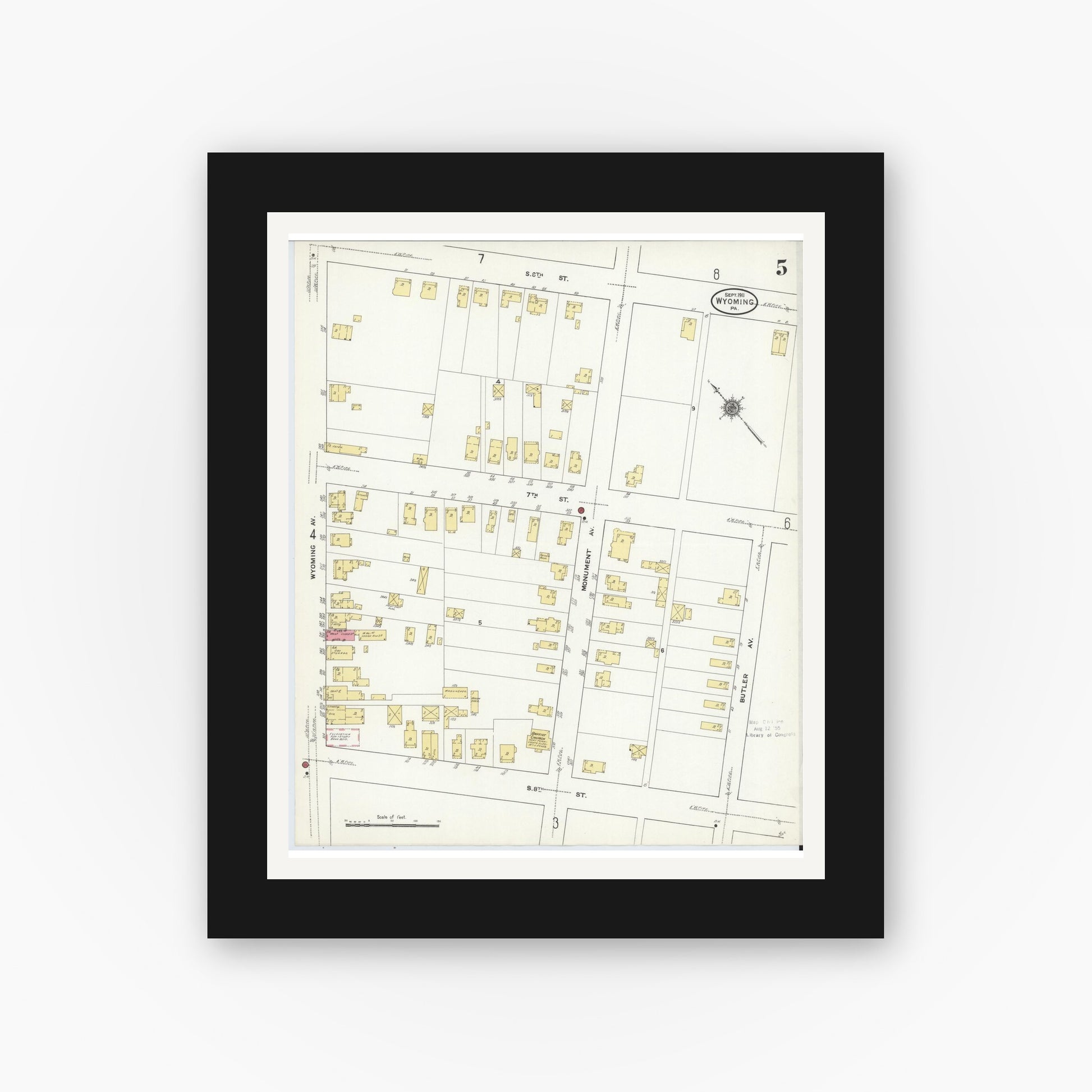 Old map wall art mockup — black gallery frame with white mat — Sanborn Fire Insurance Map from Wyoming, Luzerne County, Pennsylvania (1911), Sheet #0005