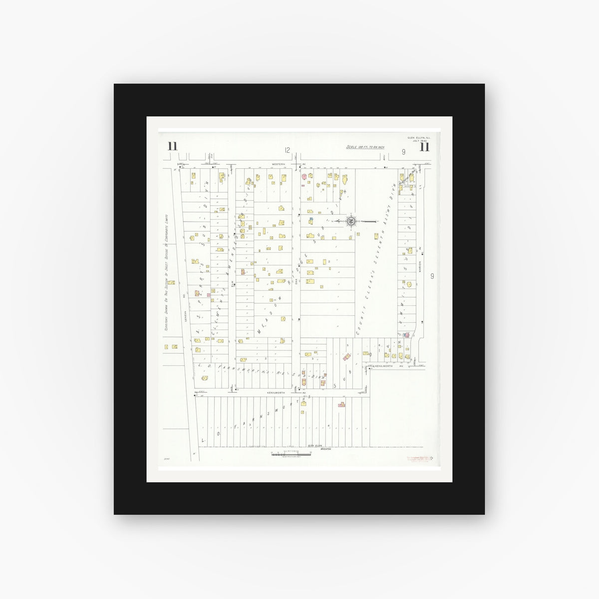 Old map wall art mockup — black gallery frame with white mat — Sanborn Fire Insurance Map from Glen Ellyn, Du Page County, Illinois (1940), Sheet #0011