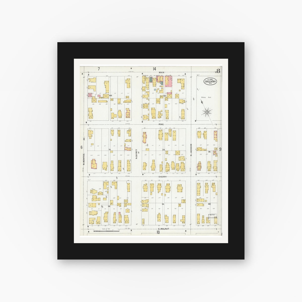 Old map wall art mockup — black gallery frame with white mat — Sanborn Fire Insurance Map from Green Bay, Brown County, Wisconsin (1900), Sheet #0008