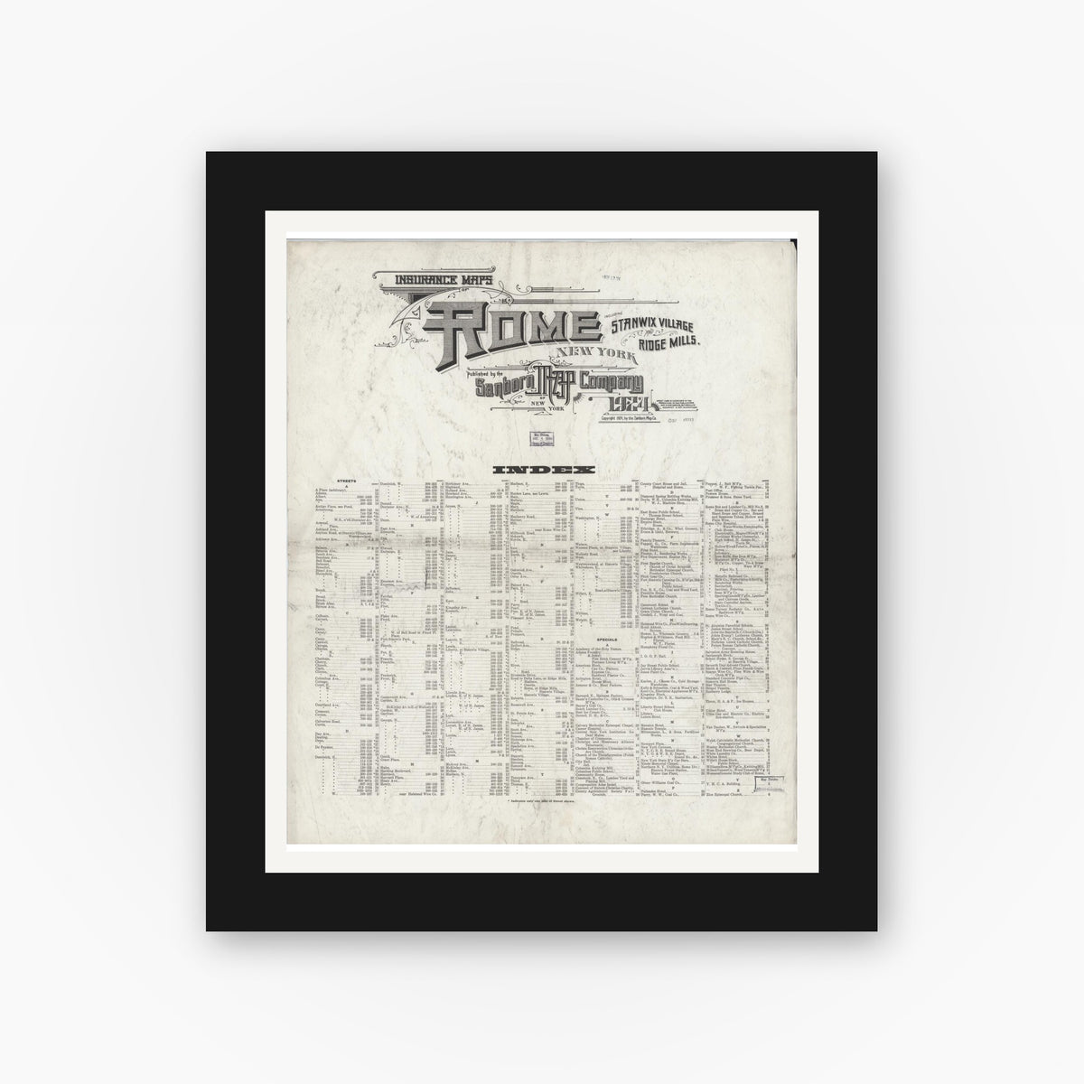 Old map wall art mockup — black gallery frame with white mat — Sanborn Fire Insurance Map from Rome, Oneida County, New York (1924), Sheet #0001