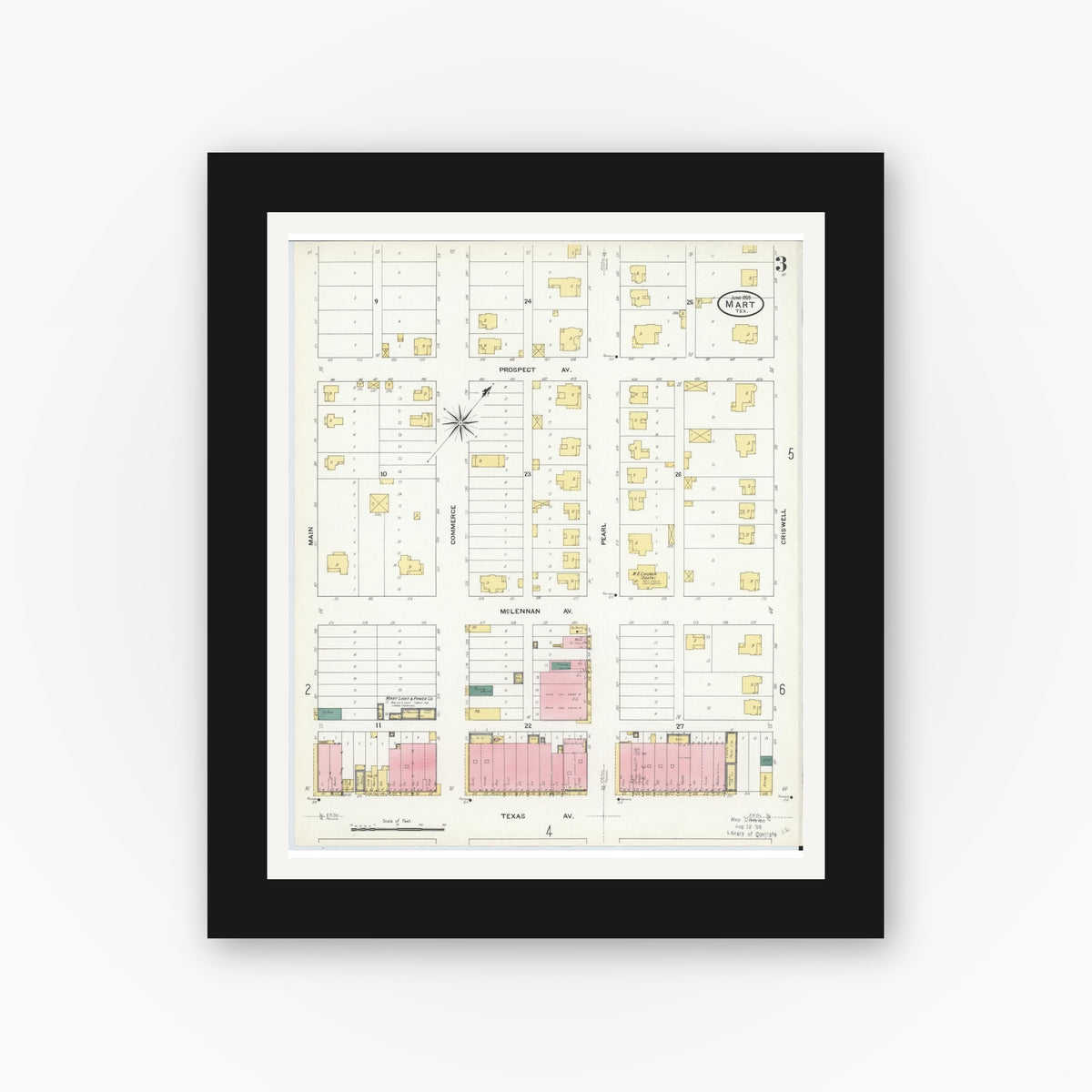 Old map wall art mockup — black gallery frame with white mat — Sanborn Fire Insurance Map from Mart, McLennan County, Texas (1909), Sheet #0003