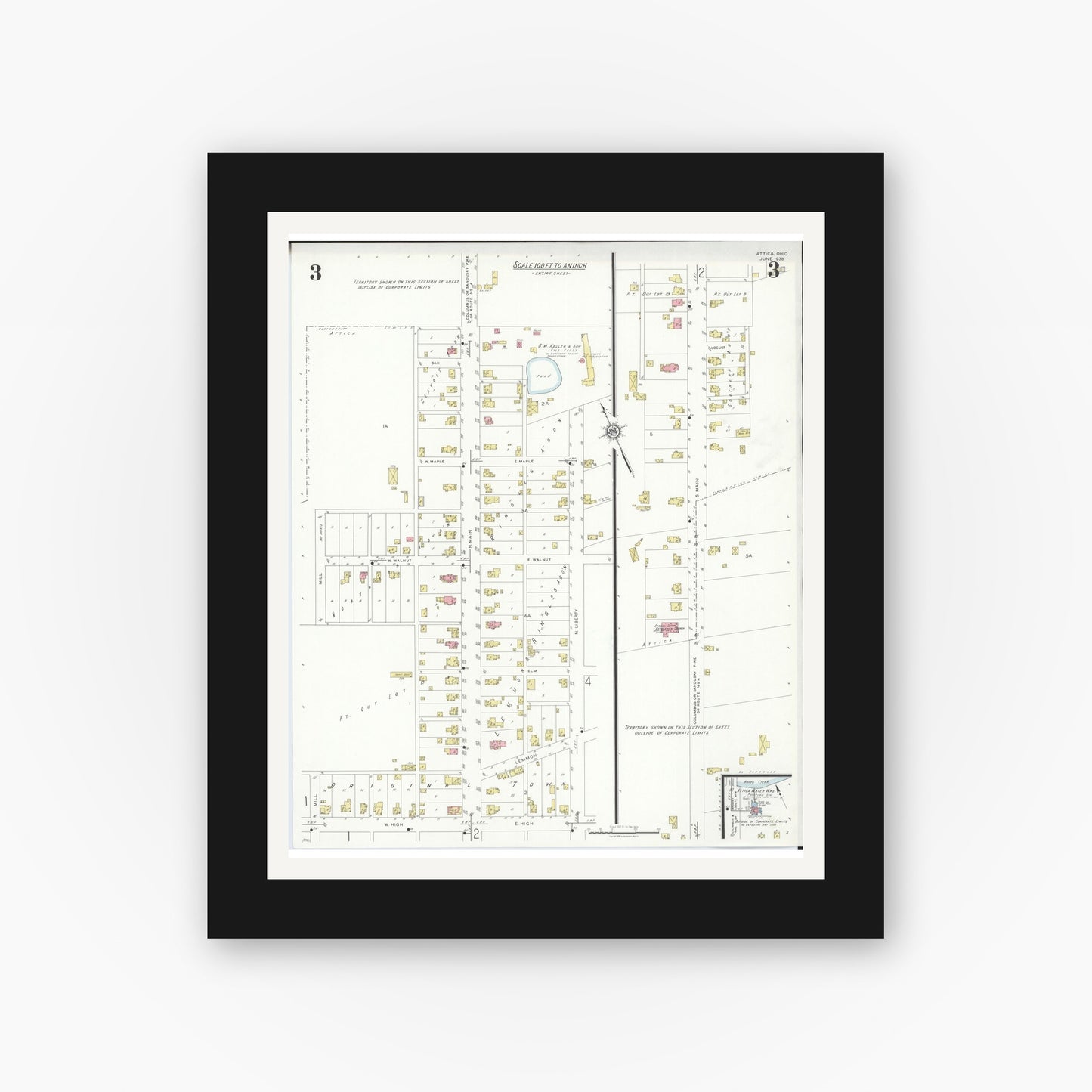 Old map wall art mockup — black gallery frame with white mat — Sanborn Fire Insurance Map from Attica, Seneca County, Ohio (1938), Sheet #0003