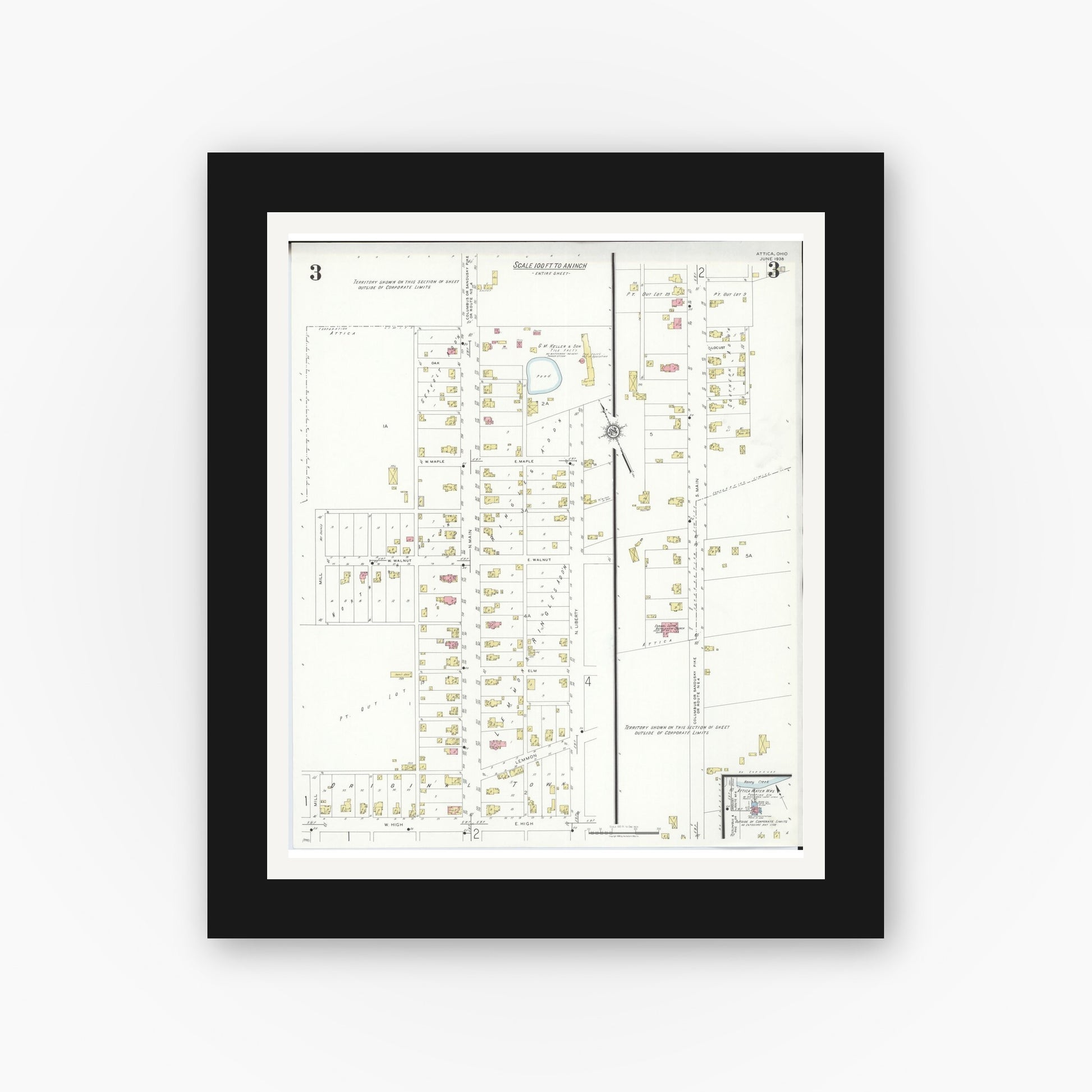 Old map wall art mockup — black gallery frame with white mat — Sanborn Fire Insurance Map from Attica, Seneca County, Ohio (1938), Sheet #0003