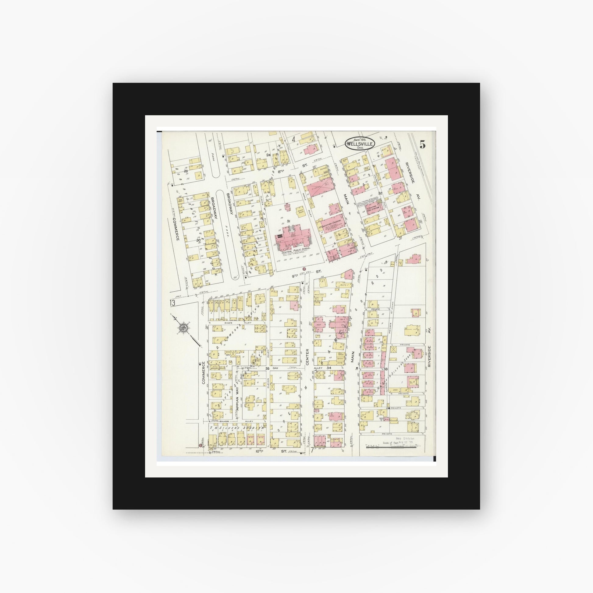 Old map wall art mockup — black gallery frame with white mat — Sanborn Fire Insurance Map from Wellsville, Columbiana County, Ohio (1915), Sheet #0005