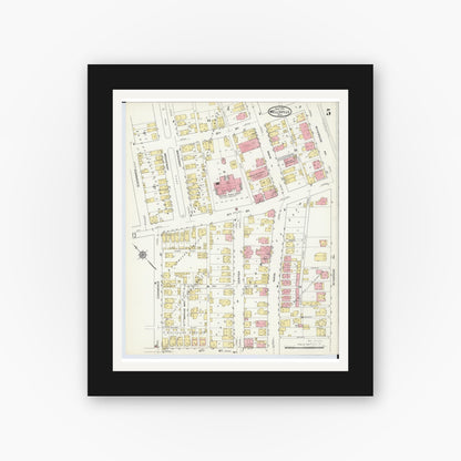 Old map wall art mockup — black gallery frame with white mat — Sanborn Fire Insurance Map from Wellsville, Columbiana County, Ohio (1915), Sheet #0005
