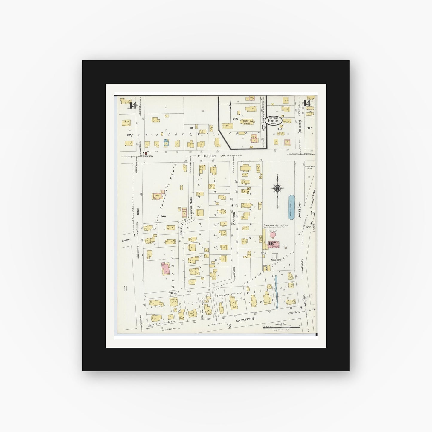 Old map wall art mockup — black gallery frame with white mat — Sanborn Fire Insurance Map from Ionia, Ionia County, Michigan (1924), Sheet #0014