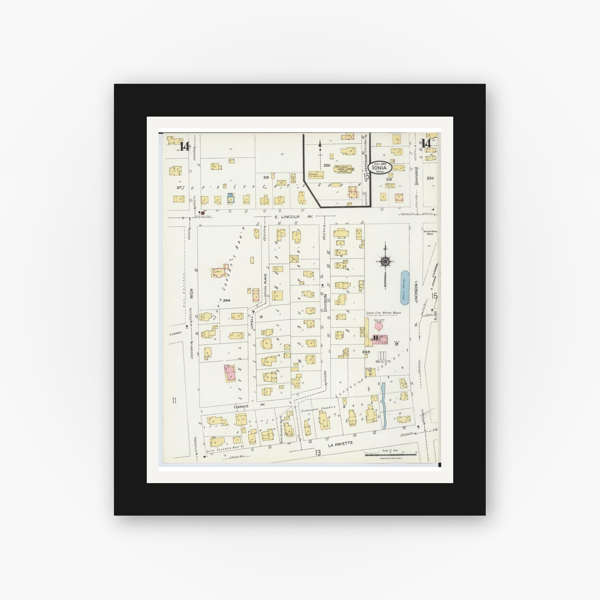Old map wall art mockup — black gallery frame with white mat — Sanborn Fire Insurance Map from Ionia, Ionia County, Michigan (1924), Sheet #0014
