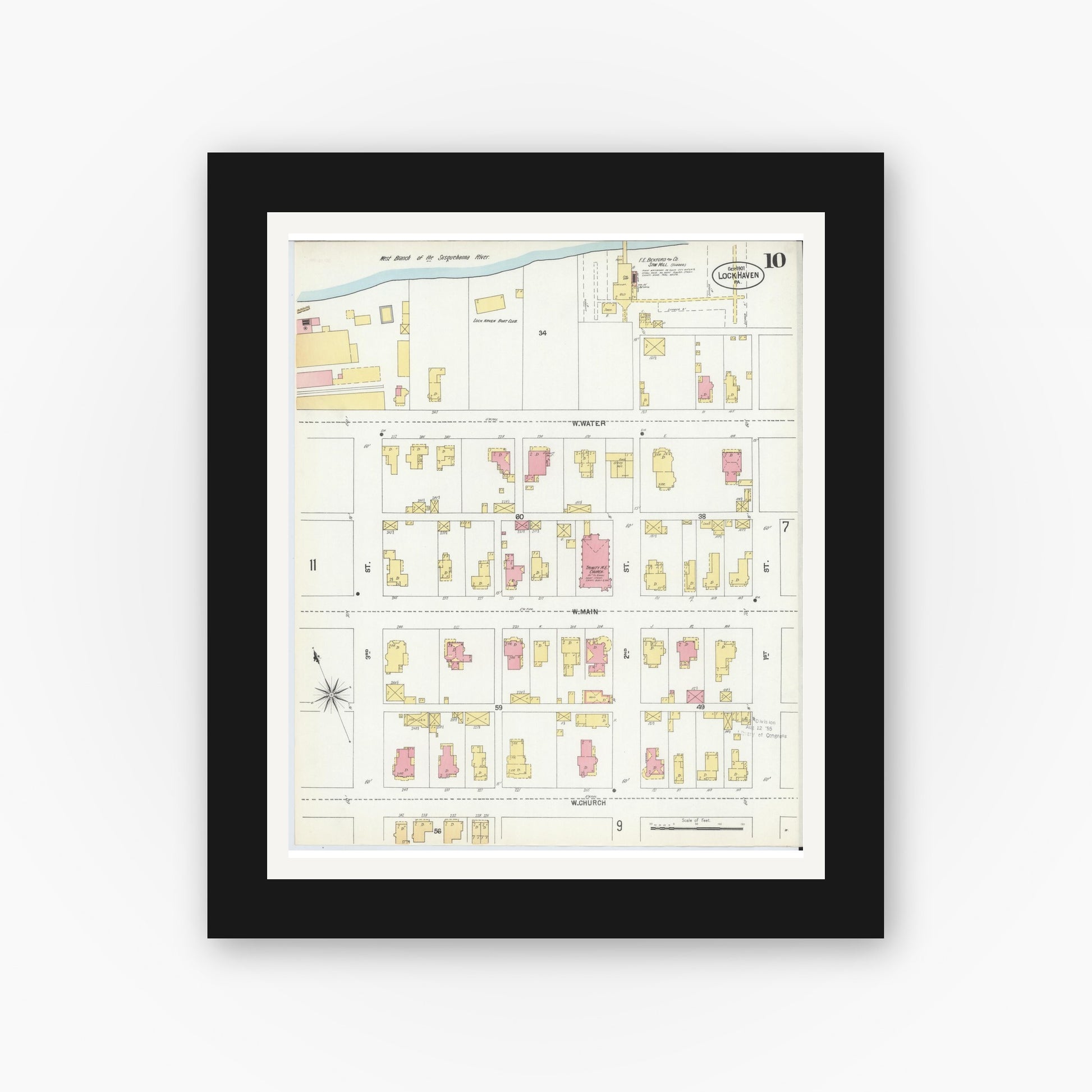 Old map wall art mockup — black gallery frame with white mat — Sanborn Fire Insurance Map from Lock Haven, Clinton County, Pennsylvania (1901), Sheet #0010